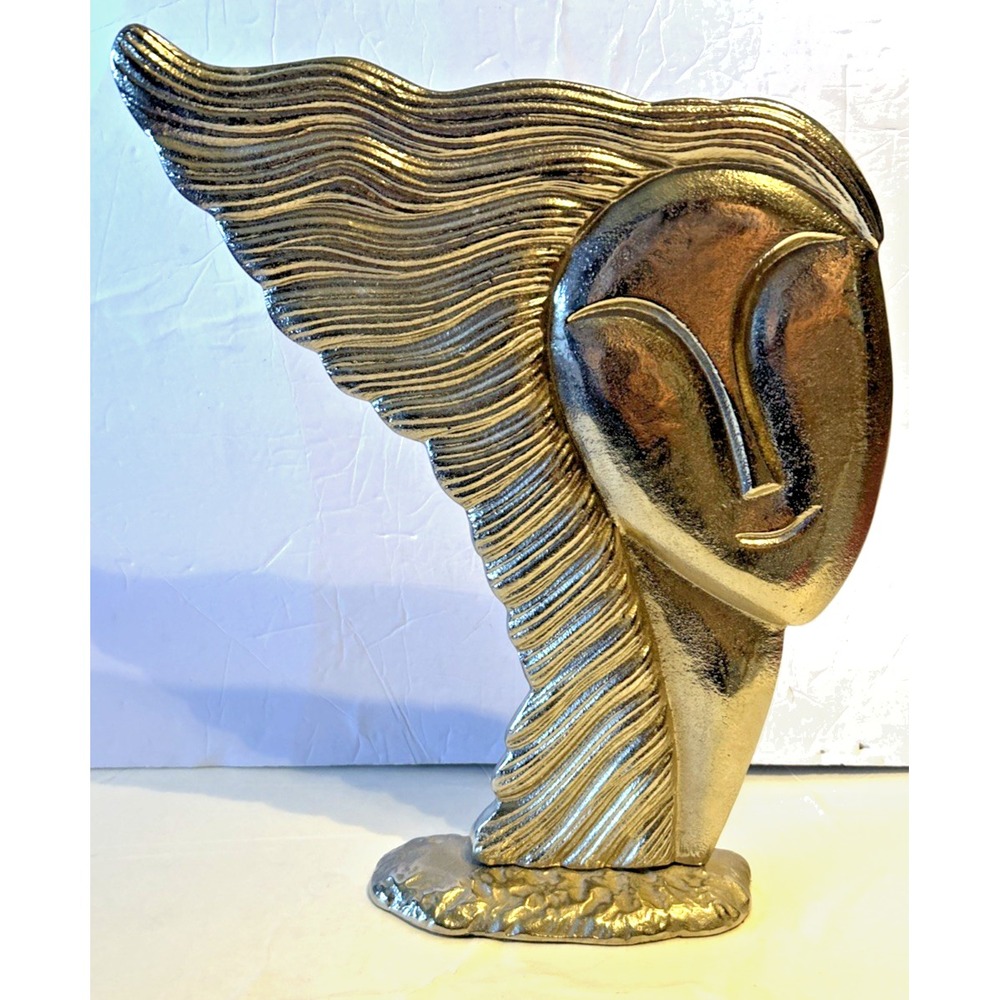 Abstract Face Sculpture Modern Art Deco Woman Bust Statue Metal  Handmade India